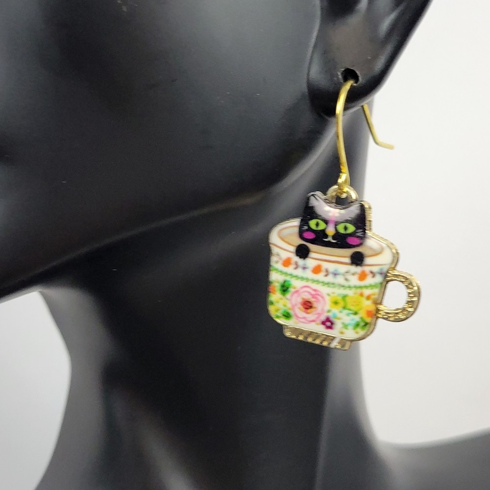 Kitty in Floral Teacups Earrings Dangle Hook Hypoallergic Gold Plated Black - Picture 3 of 11
